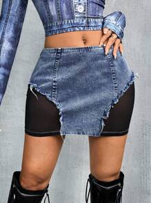 SHEIN ICON 女款 Y2k 牛仔效果撞色网眼迷你裙 - 彩色 - 查看 4