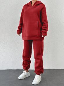 SHEIN Cottnline Ladies' Solid Color Hoodie And Pants Set - Red - View 5