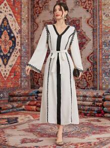 Al Najma Women'S V-Neck Long Sleeve Belted Dress - Beige - View 1