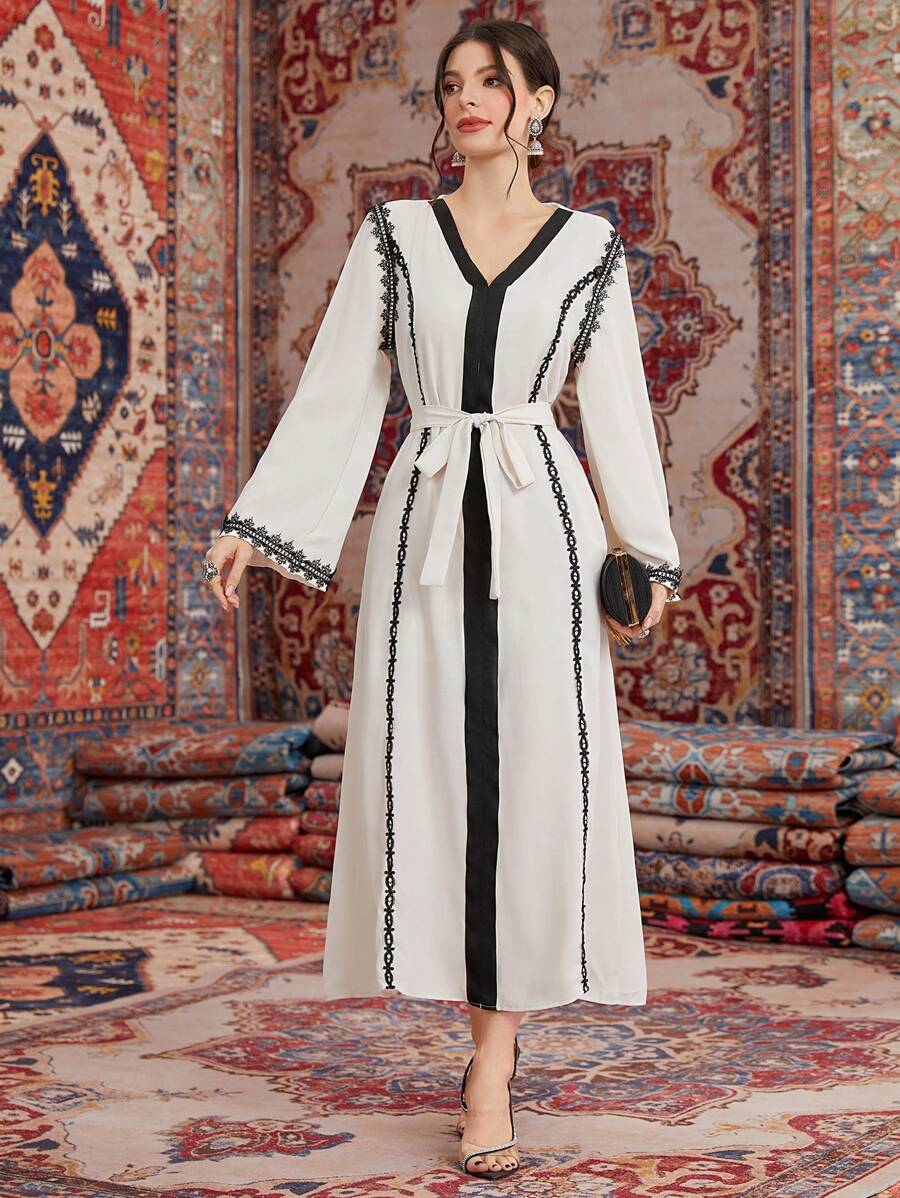 Al Najma Women'S V-Neck Long Sleeve Belted Dress - Beige - View 1