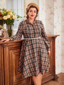 SHEIN DECDS 加大尺碼格子連衣裙復古服裝長袖單件裝 - 彩色 - 查看 7