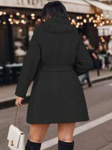 SHEIN Unity 加大码纯色长袖毛领休闲羊毛大衣，冬季 - 黑色 - 查看 2