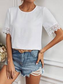 SHEIN Clasi 背部拼接蕾絲及波浪邊設計襯衫 - 白色 - 查看 2