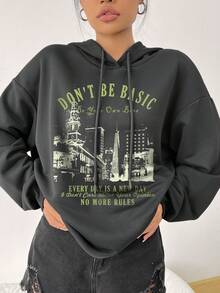 SHEIN EZwear 女士連帽衫,印有標語字樣 - 深灰色 - 查看 5