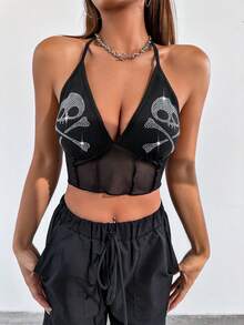 SHEIN Unity 鑽石骷髏紋性感領口上衣 - 黑色 - 查看 4