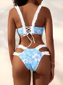 SHEIN Swim Summer Flower Print Hollow Out Bikini Set, 2pcs Valentine - Multicolor - View 2