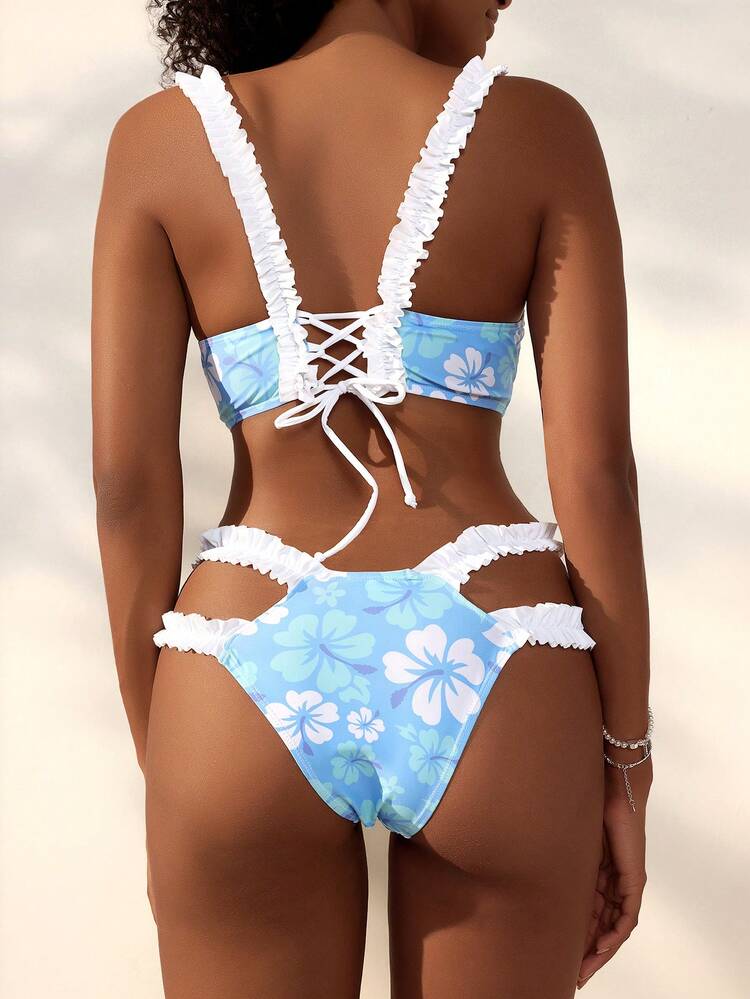 Summer Flower Print Hollow Out Bikini Set, 2pcs Valentine