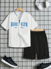 SHEIN Tween Boys' Loose Casual Round Neck Letter Pattern Short-Sleeved T-Shirt Shirt Shorts Three-Piece Set - White - View 11