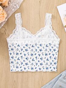 SHEIN Teen Girl Knitted Spliced Lace Trim Floral Pattern Casual Camisole Tank Top Top
