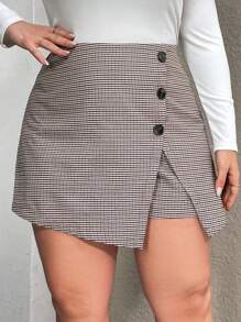 SHEIN Privé 大尺寸前連結裹身格子裙褲 - 棕色 - 查看 1