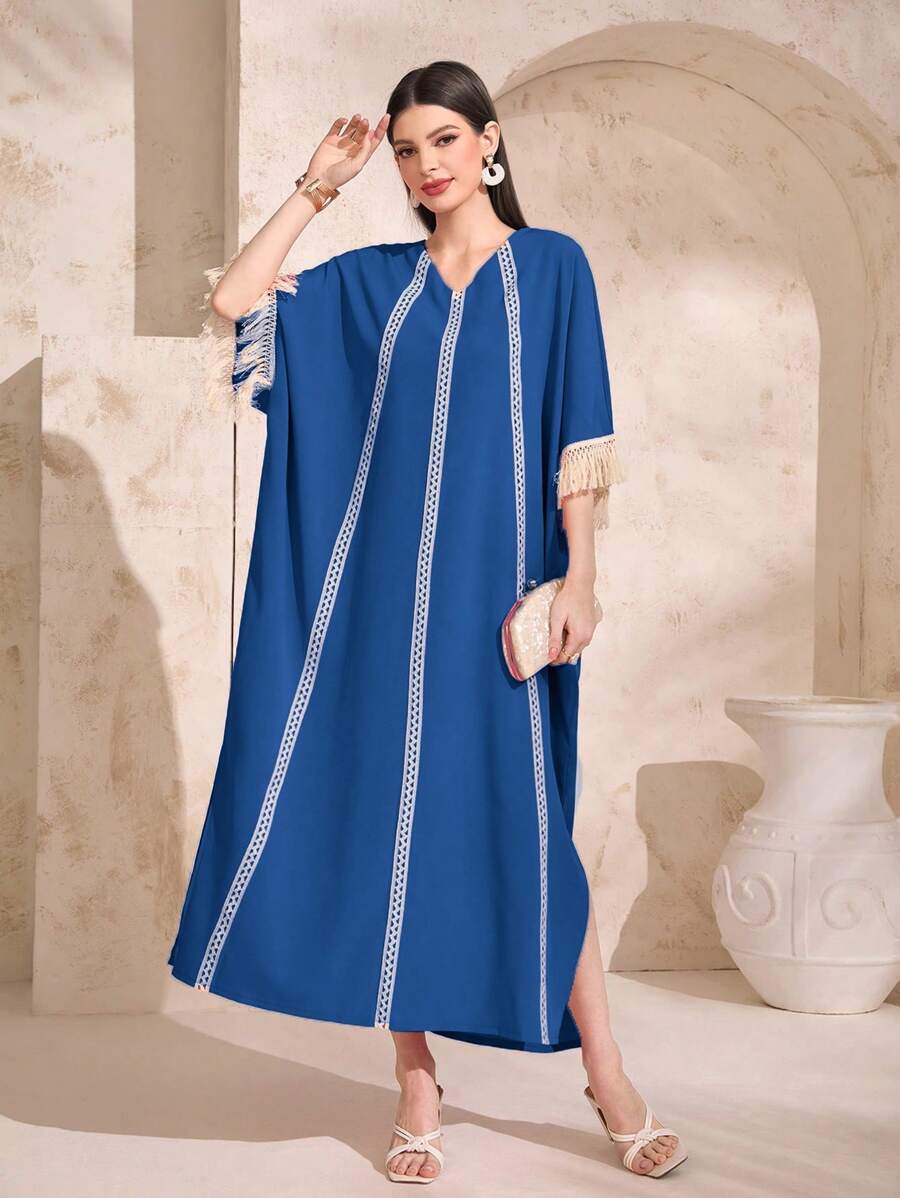 Al Najma Tassel Cuff & Weaving Detail Splicing Dress Kaftan Jalabiya Dress - Blue - View 1