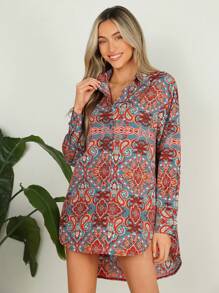 SHEIN VCAY Paisley Print Oversized Vacation Style Long Women's Casual Shirt