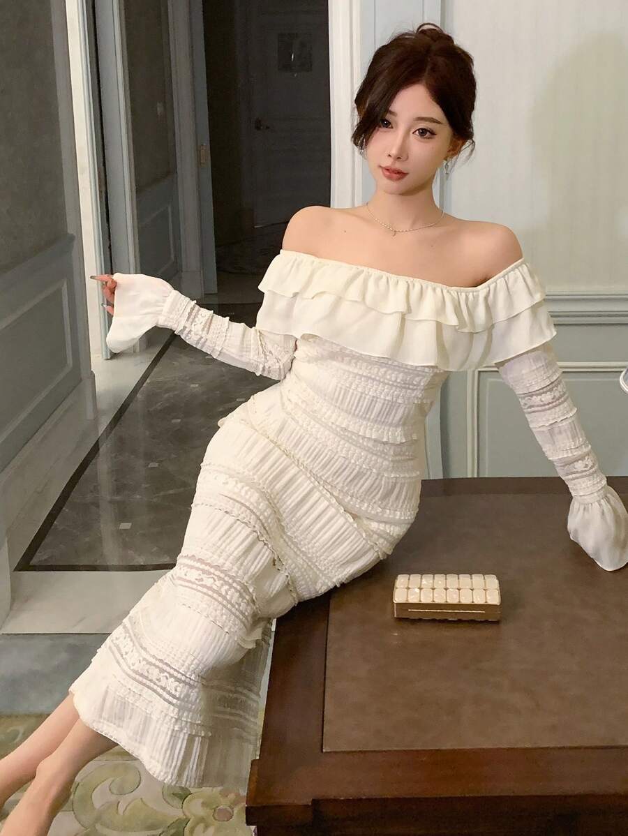 DAZY 女士纯色荷叶边肩部及下摆装饰露肩连衣裙,生日、新年、舞会优雅礼服,秋季长袖连衣裙 - 米色 - 查看 1