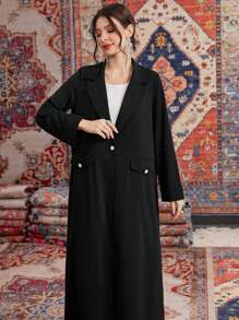 Al Najma Solid Color Lapel Collar Pleats Spliced Long Coat Abaya, Muslim Fashion Abaya For Casual/Festival/Gathering/Travel