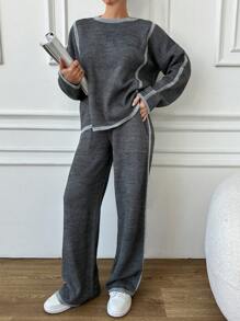 EURMUSE Contrast Trim Drop Shoulder Sweater & Knit Pants - Grey - View 6