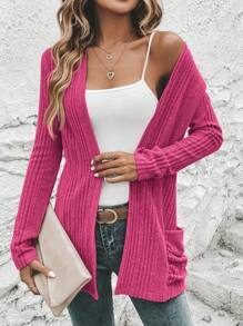 EMERY ROSE Chaqueta De Punto Acanalado De Ajuste Regular Con Doble Bolsillo En Color Sólido Informal Para Mujer