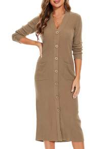 Solid Extra Long Button Knit Cardigan - Camel - View 5