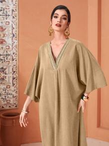 Al Najma 女式拼接编织腰带 V 领阿拉伯连衣裙 - 卡其色 - 查看 4