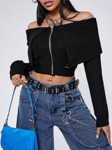 SHEIN EZwear Distressed Off Shoulder Zipper Front Cardigan - Black - View 5