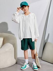 SHEIN Tween Boys' Casual Holiday Printed Hooded Zip-Up Woven Jacket