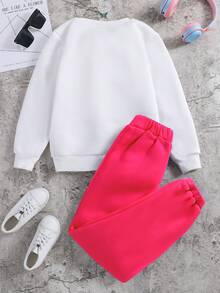 SHEIN 少女字母印花圓領毛絨上衣和運動長褲套裝 - 玫紅色 - 查看 2