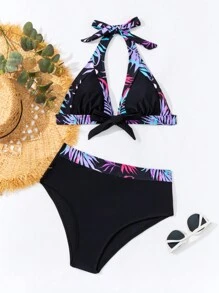 SHEIN Swim Ladies' Printed Plant Pattern Splicing Halter Bikini Set Summer Beach - Multicolor - View 6
