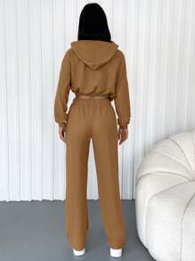 Cottnline Women'S Hooded Sweatshirt And Pants Two-Piece Set With Drawstring Waist - Camel - View 2