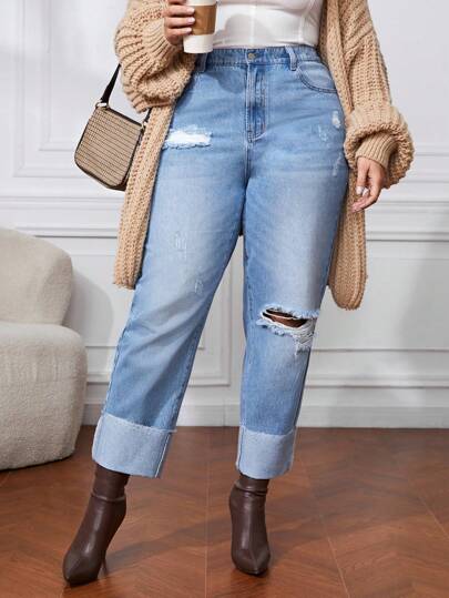 Plus High Waist Ripped Mom Fit Jeans Boyfriend Jeans