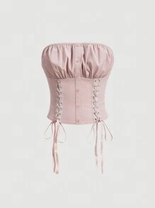 SHEIN MOD 女性帶皺摺和綁帶前扣的無肩帶上衣 - 粉色 - 查看 1