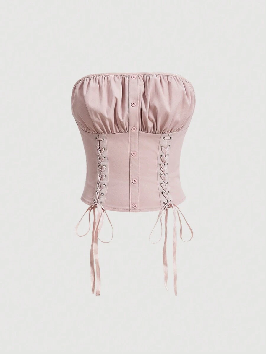 SHEIN MOD 女性帶皺摺和綁帶前扣的無肩帶上衣 - 粉色 - 查看 1