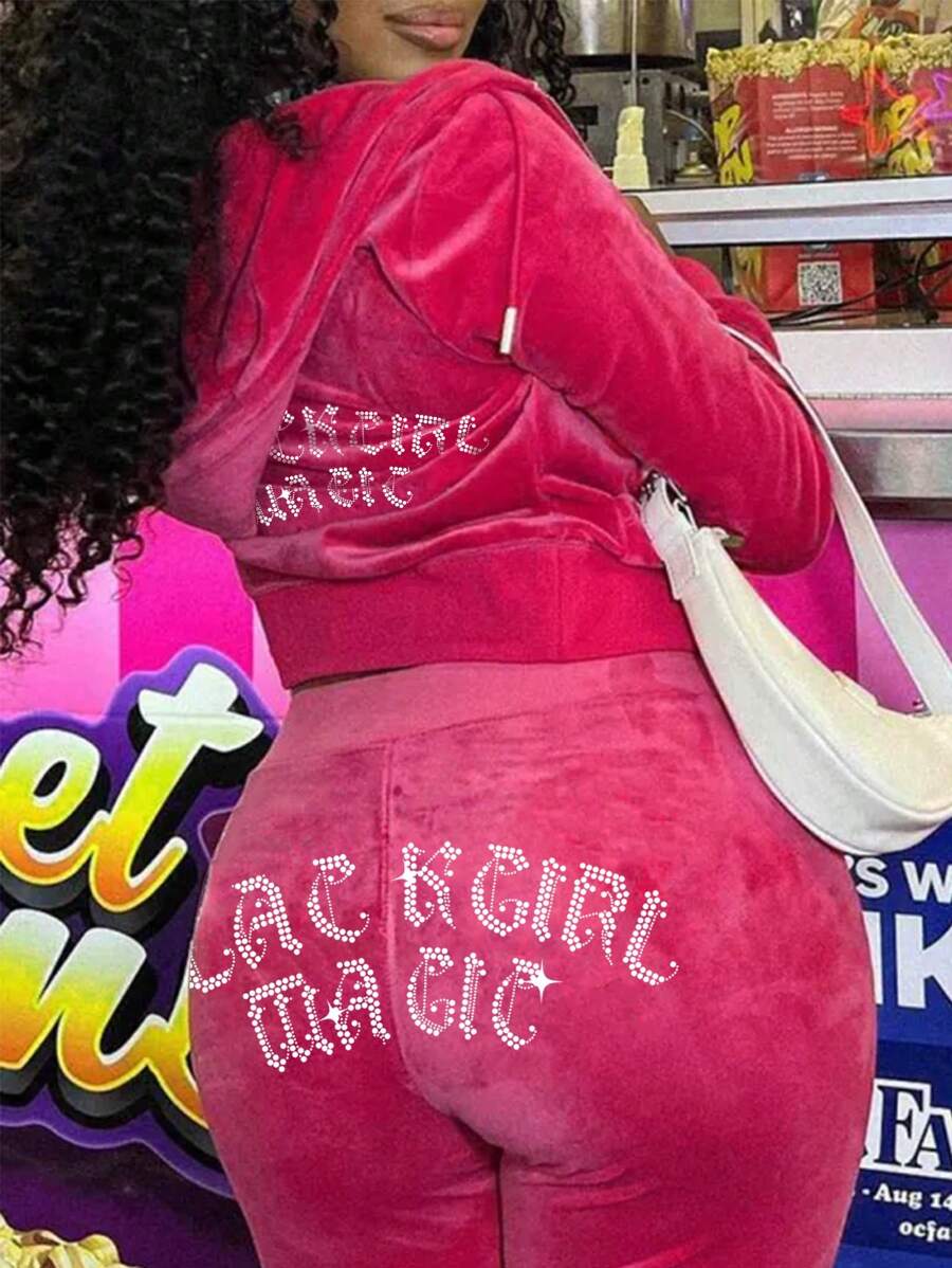 INAWLY 女士水晶裝飾字母拉鍊運動帽衫和褲套裝 - 粉色 - 查看 1