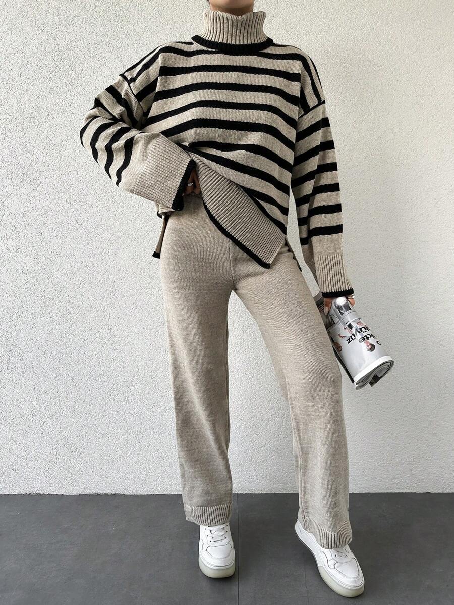 EURMUSE Striped Pattern Turtleneck Drop Shoulder Sweater & Knit Pants - Multicolor - View 1