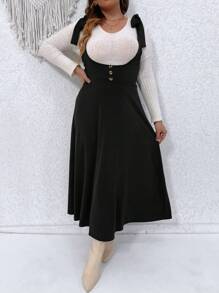 SHEIN LUNE Plus Tie Shoulder Pinafore Dress Without Tee - Black - View 1