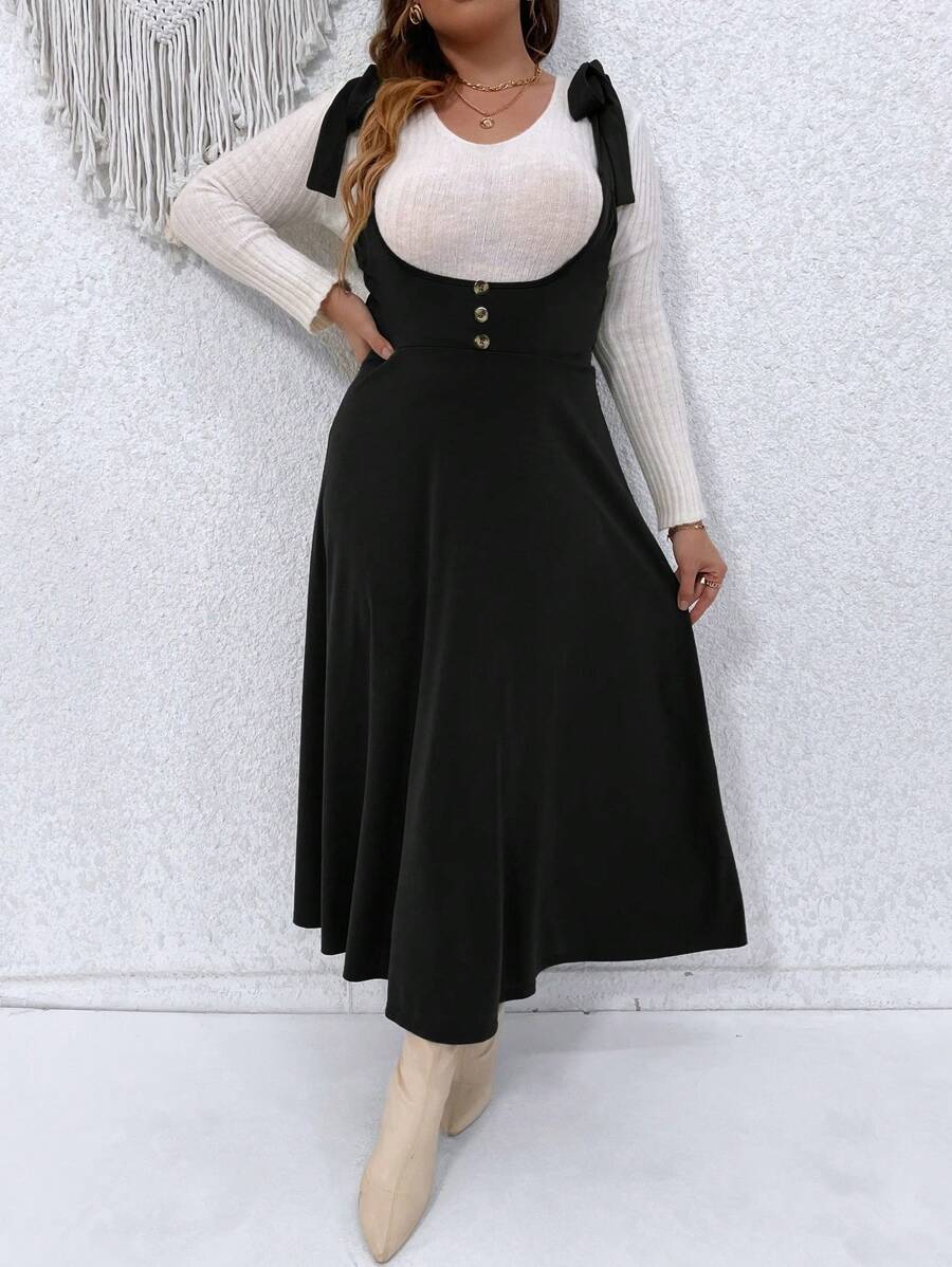 SHEIN LUNE Plus Tie Shoulder Pinafore Dress Without Tee - Black - View 1