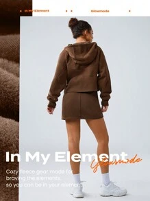 GLOWMODE COTTON-BLEND Lông cừu Thuộc thân thể Nửa Zip Túi kangaroo Hoodie Thoải mái Ấm áp - Cocoa - Xem 8