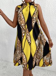 Maweii Kích thước lớn Vá lại In hoa Báo Đứng cổ áo Đầm - Màu vàng - Xem 1