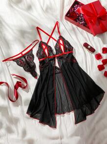 SHEIN Classic Sexy Conjunto De Lencería Atrevida Para Mujer Con Encaje Delicado - Negro - Ver 6