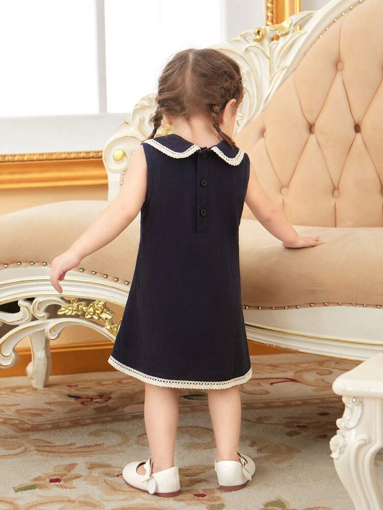 Baby Girl'S Classic Deep Blue Sleeveless Dress With Peter Pan Collar, Lace Trim, Suitable For Everyday & Casual Wear, Spring/Summer