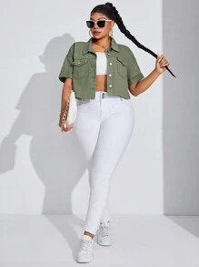 SHEIN SXY Plus Size Women'S Drop Shoulder Short Sleeve Denim Jacket - Army Green - View 3