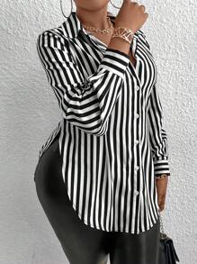 Maweii Kích thước lớn Của phụ nữ Sọc Chia bên Áo sơ mi - Đen và trắng - Xem 4
