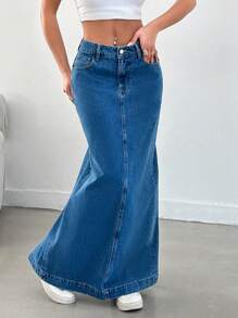 EURMUSE High Waisted Denim Skirt With Back Vent - Medium Wash - View 1