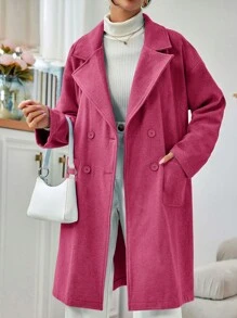 EURMUSE Women's Notched Collar Double Breasted Long Sleeve Woolen Coat - Hot Pink - View 6
