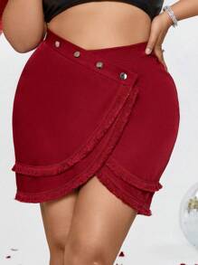 SHEIN Unity Plus Size Women's Asymmetrical Hem Tassel Patchwork Skirt - Brown - View 6