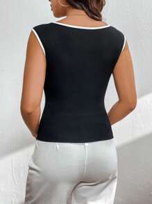 SHEIN Privé 女士黑白對比邊角短袖背心上衣