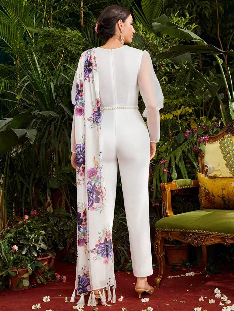 Women'S Floral Pattern Sheer Long Sleeve Jumpsuit