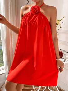 SHEIN Privé 3d Flower Decor Halter Neck A-Line Dress - Red - View 1