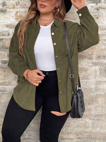 SHEIN LUNE Plus Solid Button Front Shirt Fall Cloth For Women - Army Green - View 6