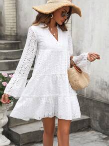 SHEIN VCAY Solid Color Hollow Out Embroidery Detail Notched-Neck Flared Sleeve Dress - White - View 6