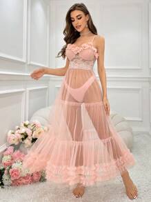 Slumberist Váy ngủ phối cảnh lưới nhiều lớp trang trí ren hoa 3D dài hoàn hảo cho mùa hè - Màu Hồng baby - Xem 5