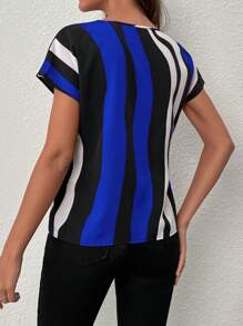 SHEIN Clasi Women's Color-Block Stripe Shirt,Short Sleeve Tops - Royal Blue - View 2